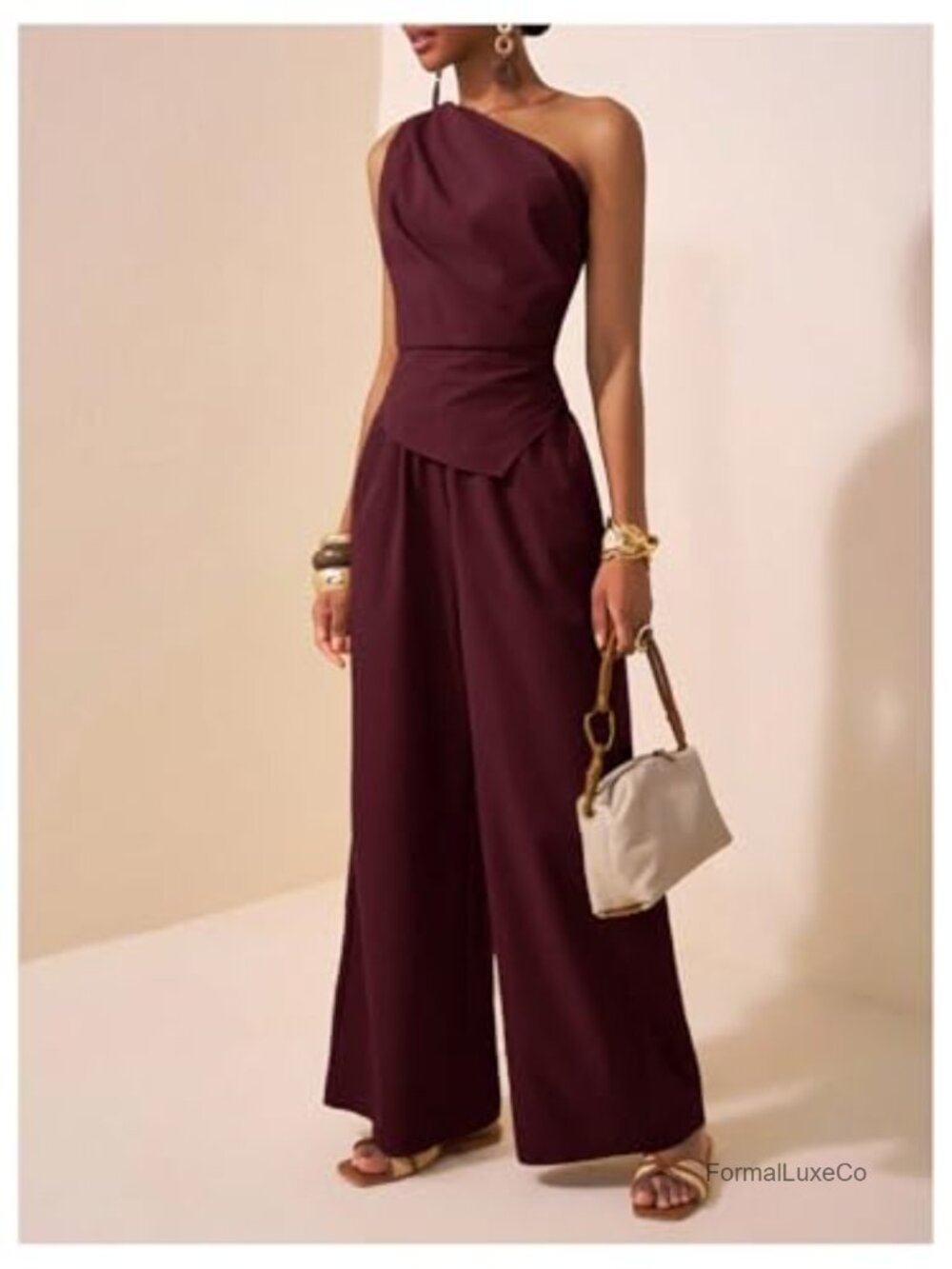 One Shoulder Ruched Top and Wide Leg Pants Matching Set - Picture 3 of 5